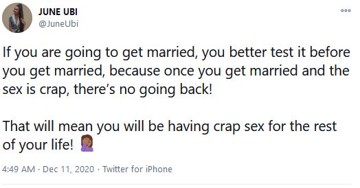  Image of ‘Test It Before You Get Married’ –June Ubi Advices Aspiring Couples To Have S*x